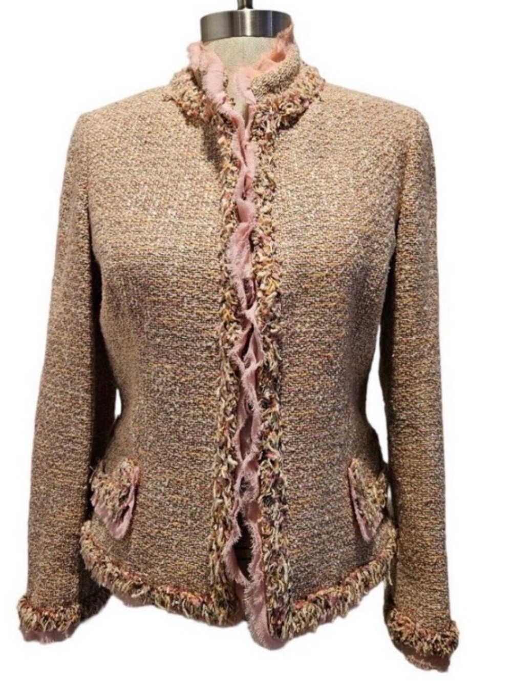 Dana Buchman Pink Multi Fringe Trimmed Boucle Tweed Jacket Blazer. Size 6P